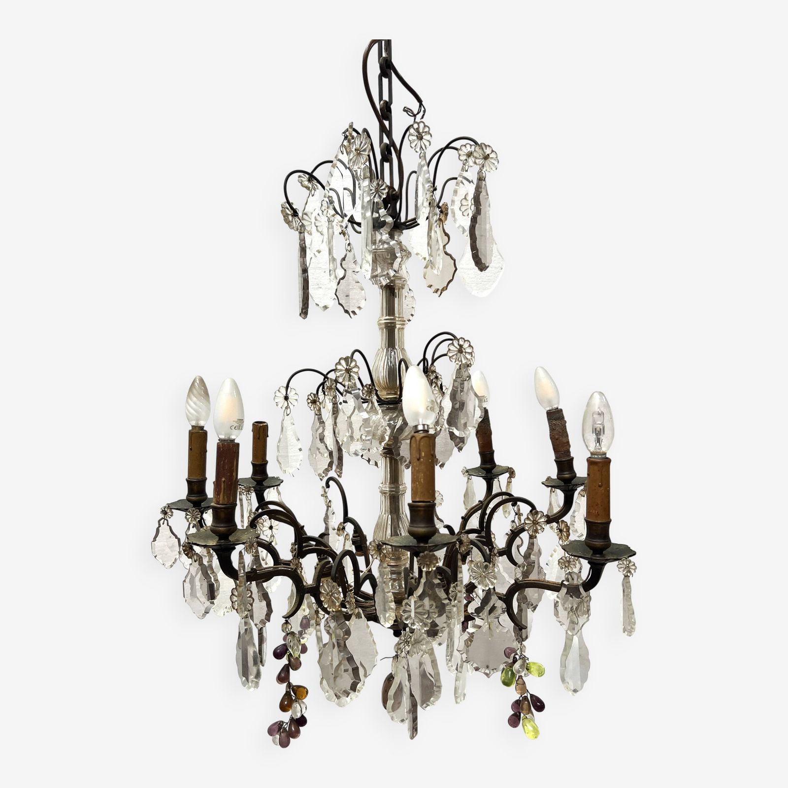 Louis XV Style Chandelier With Pendants And Colored Glass Fruits, 20th Century
