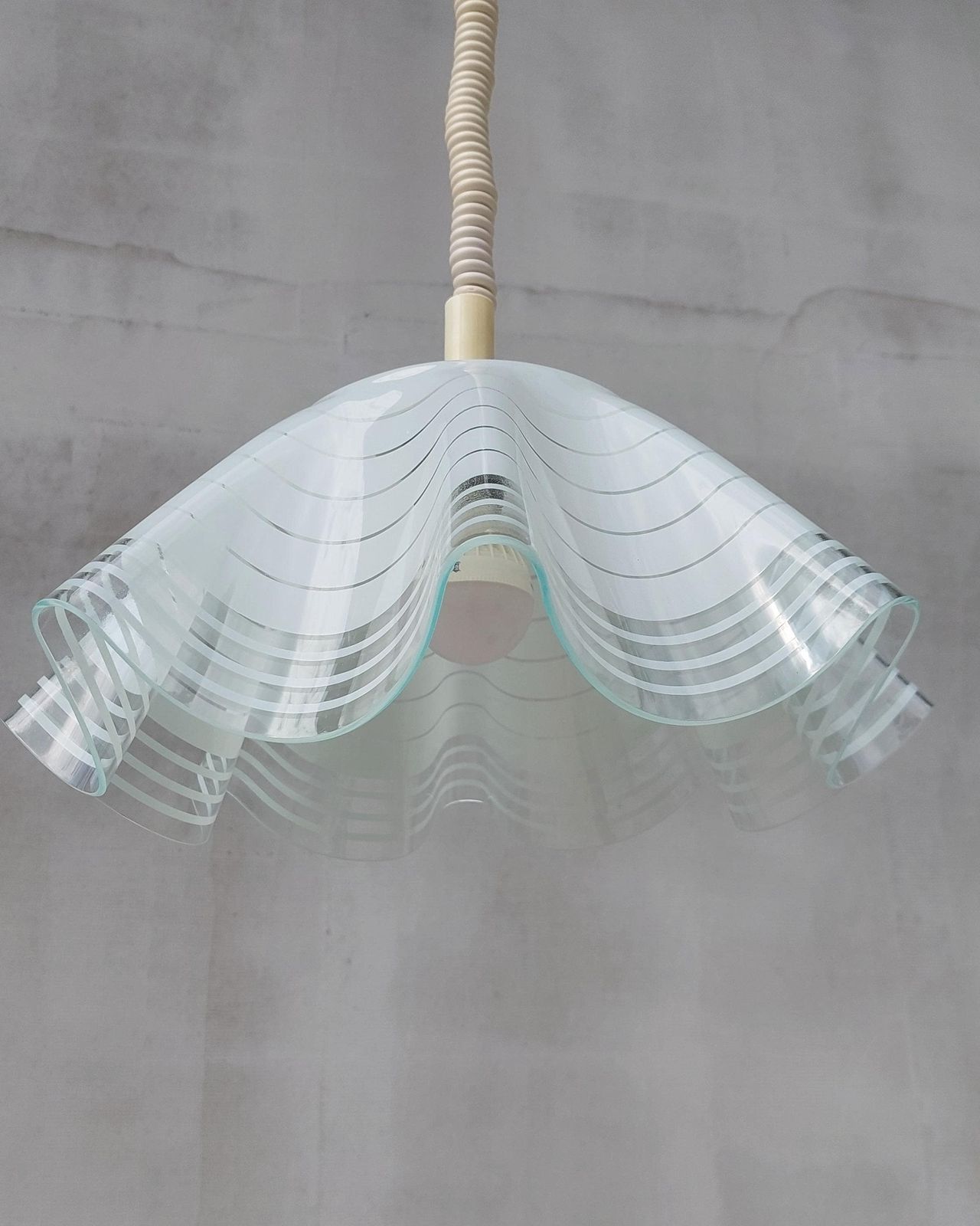 Mid Century Minimalist Folded Glass Pendant Lamp, Folded Glass Hanging Lamp, Mid Century Chandelier, Mid Century Lighting, 1980's photo for sale