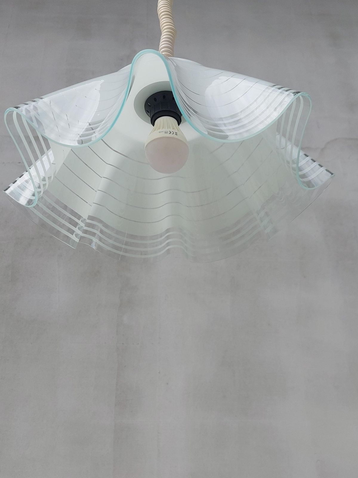 Mid Century Minimalist Folded Glass Pendant Lamp, Folded Glass Hanging Lamp, Mid Century Chandelier, Mid Century Lighting, 1980's photo buy