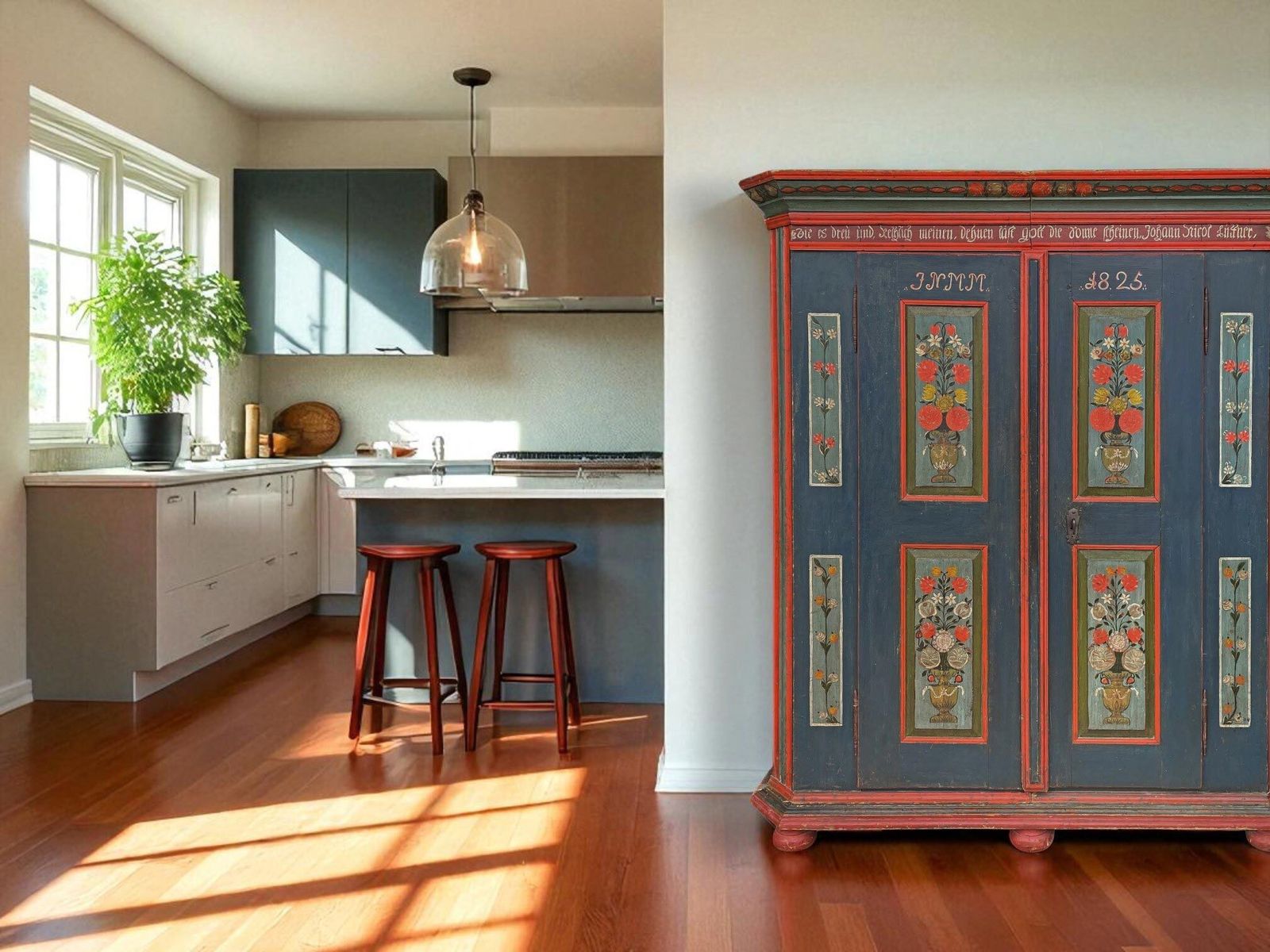 1825 Blue Floral Painted Cupboard photo furniture