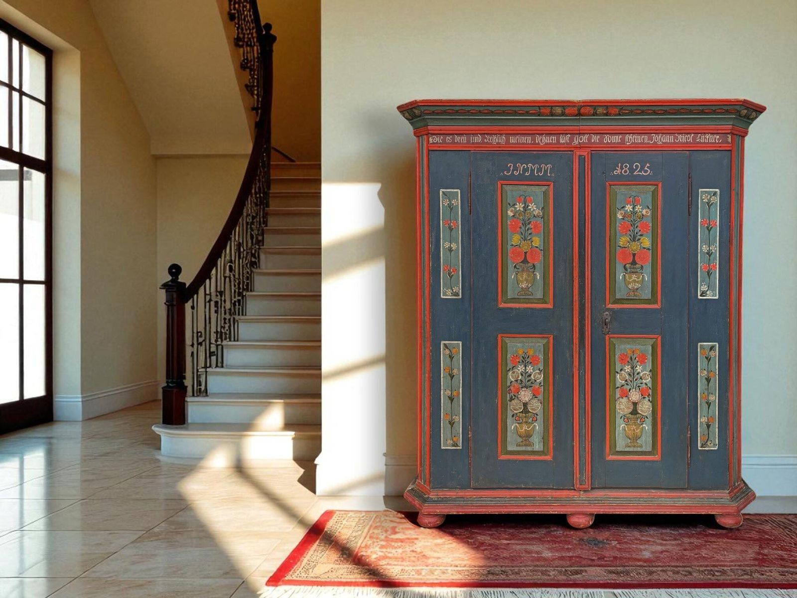 photo vintage 1825 Blue Floral Painted Cupboard