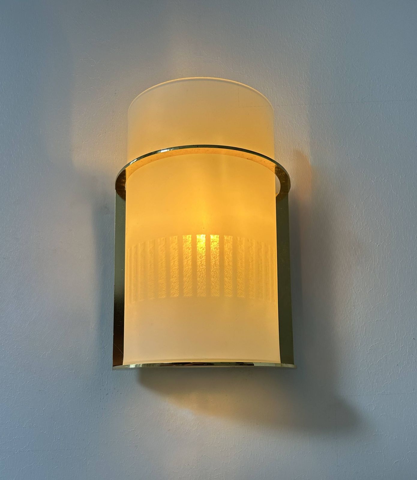Pair Of Vintage Brass And Sandblasted Glass Wall Lights, France 1970 photo for sale