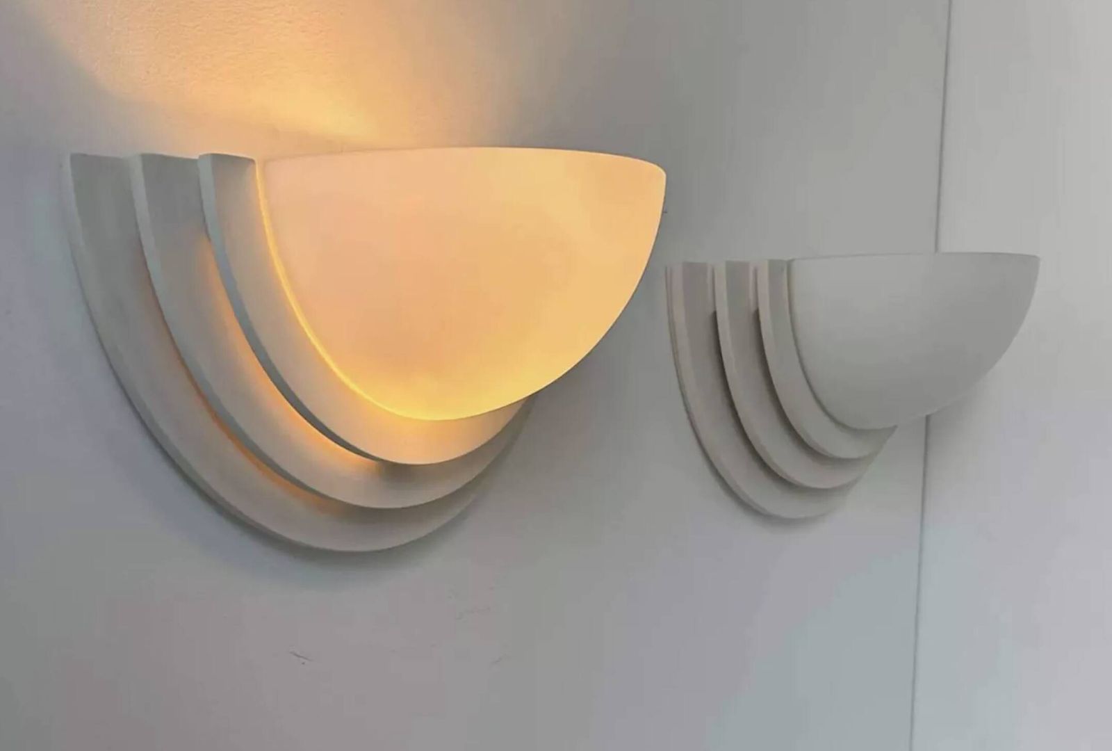Pair Of Vintage Geometric Wall Lights, Plaster And Sandblasted Glass, France 1970 photo Lighting