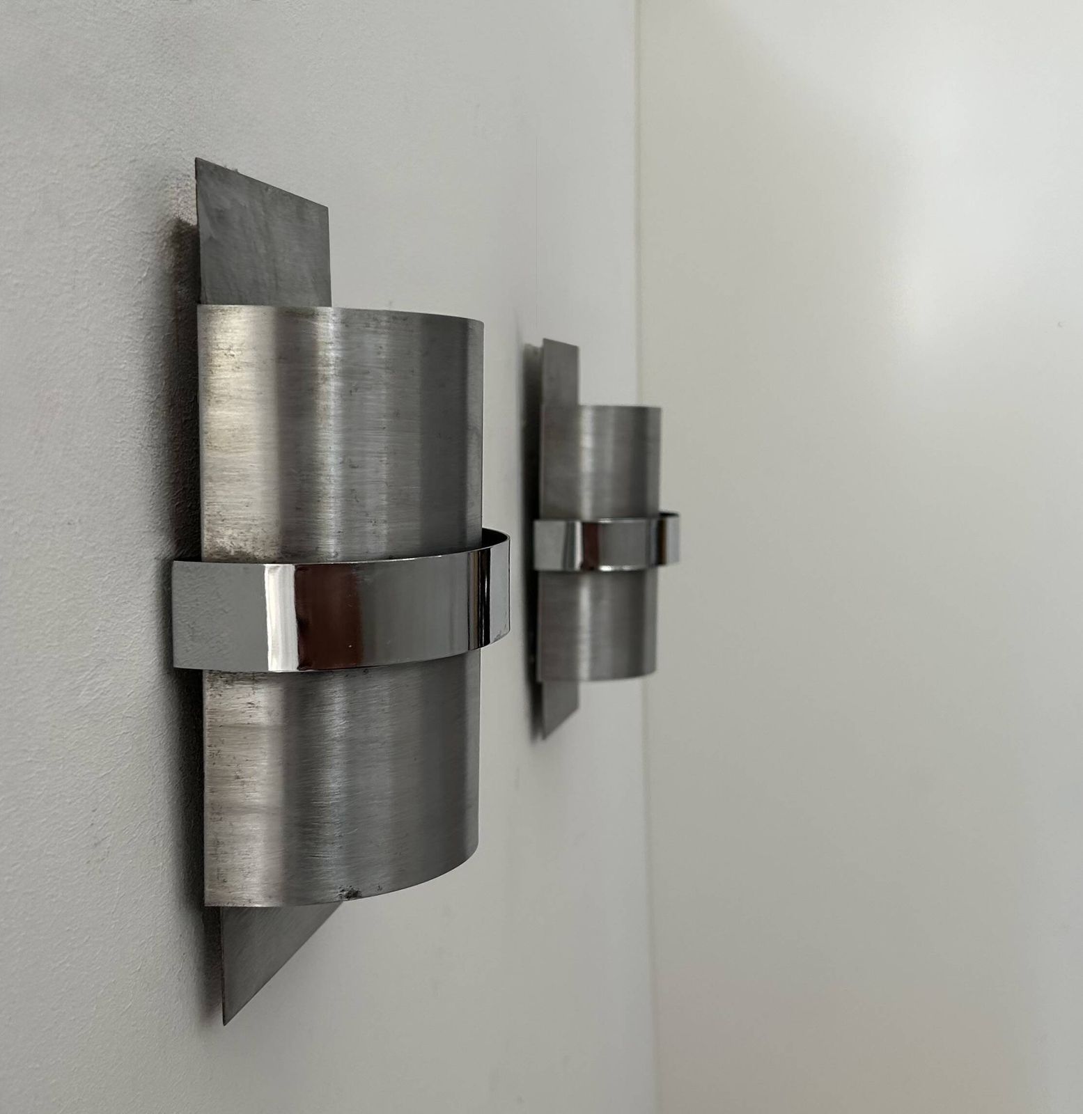 Pair Of Vintage Wall Lights, Brushed Metal And Chrome, France 1970 photo furniture
