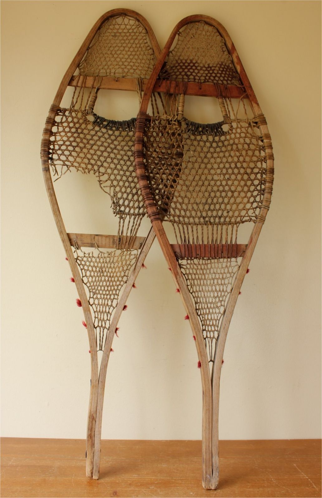 Antique Pair Of Native American Indian Pom Pom Snowshoes. Ski Lodge.