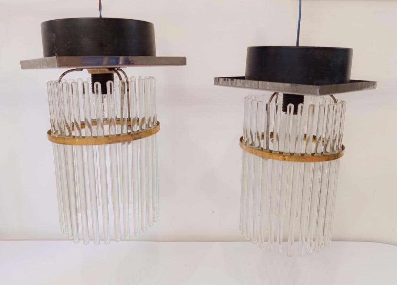Pair Of Gaetano Sciolari Glass And Brass Ceiling Lamps, Vintage, Mid Century Modern Chandelier