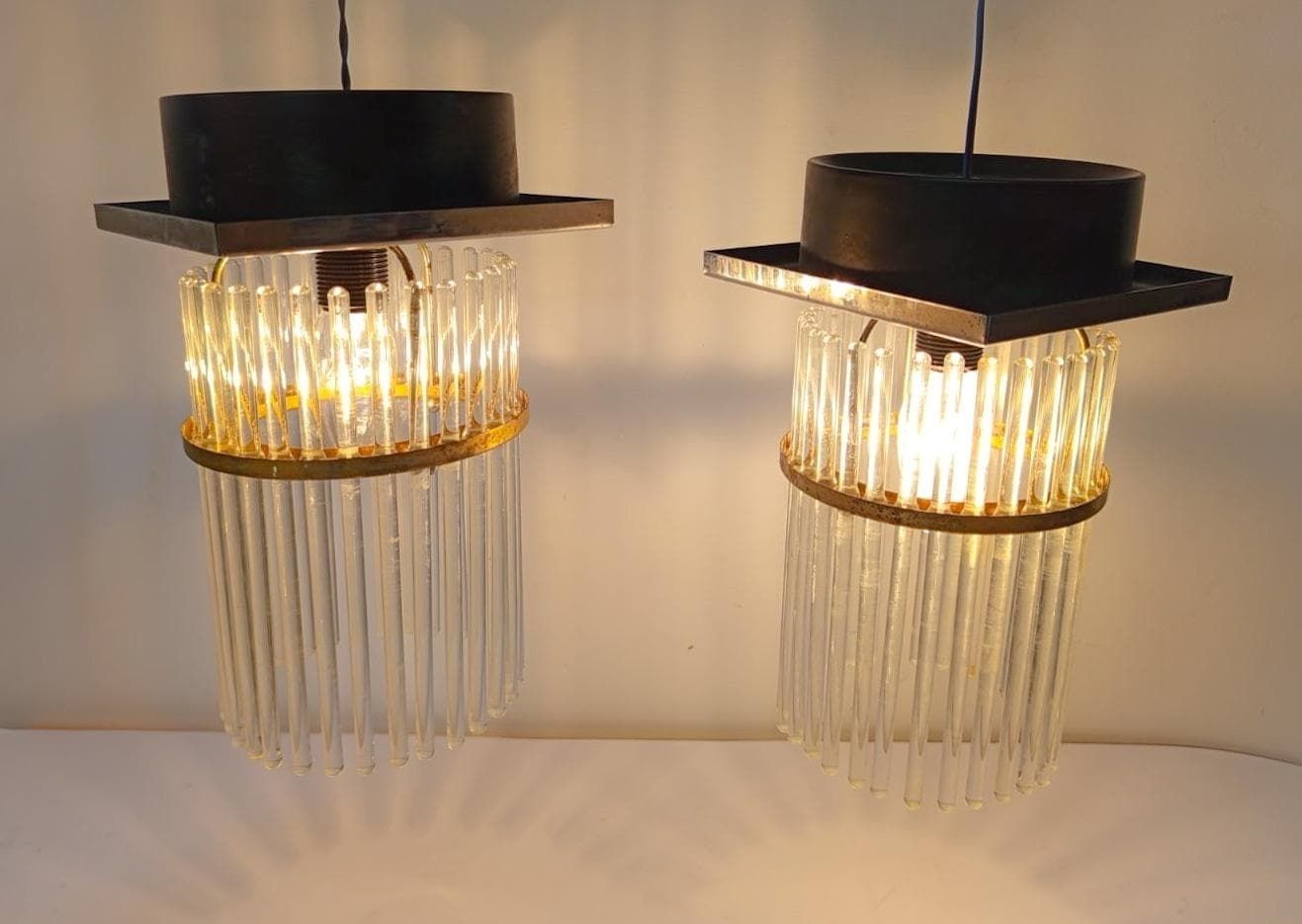 Pair Of Gaetano Sciolari Glass And Brass Ceiling Lamps, Vintage, Mid Century Modern Chandelier photo furniture