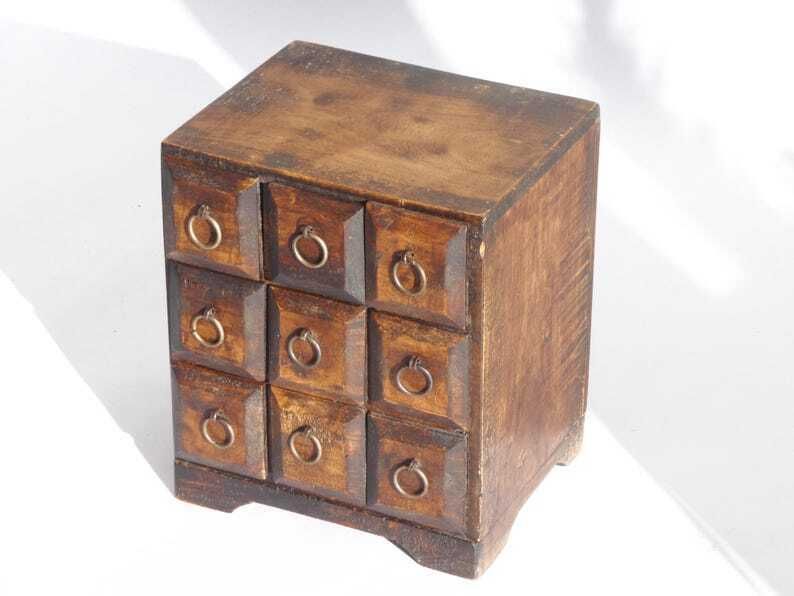 Small Apothecary With 9 Drawers With Metal Handles, Vintage Wooden Medicine Chest, Old Cabinet photo 255.0