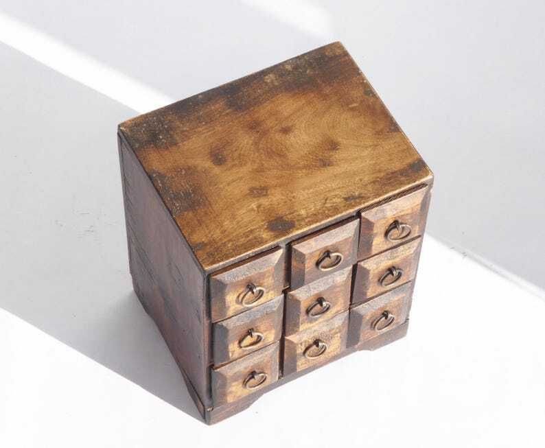 Small Apothecary With 9 Drawers With Metal Handles, Vintage Wooden Medicine Chest, Old Cabinet photo vinterior