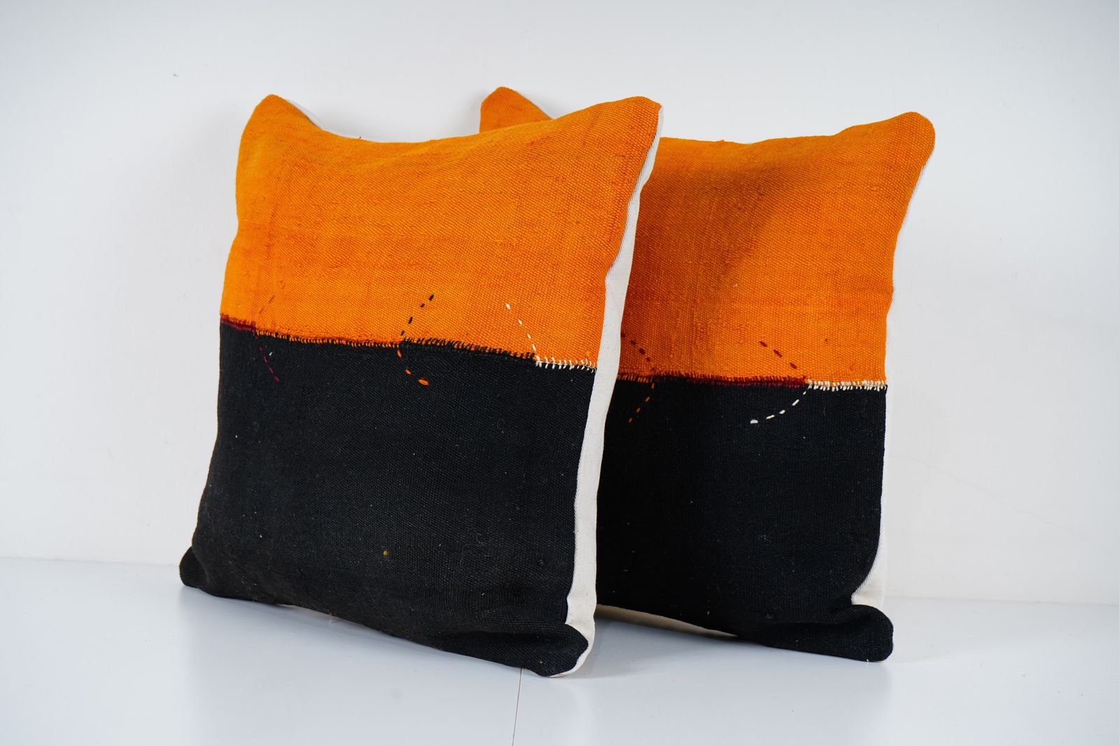 Orange And Black Turkish Kilim Pillow   Set Of Two Handmade Geometric Design Cushion Cover photo for sale