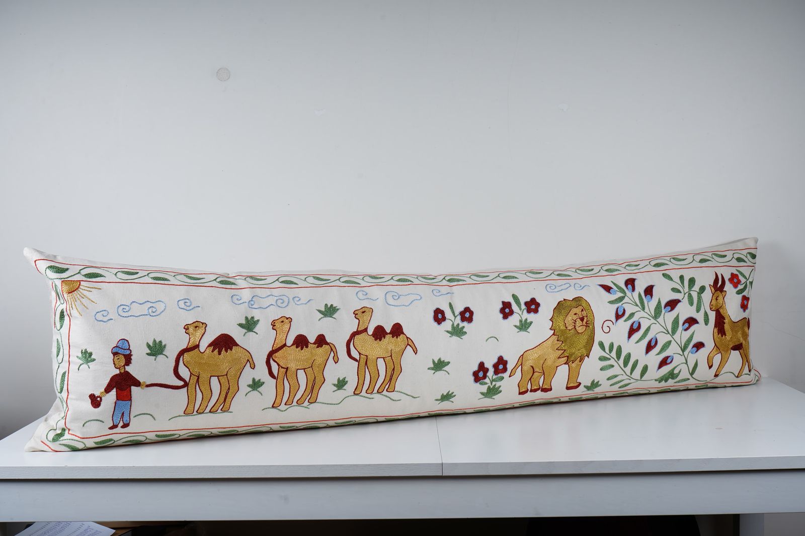 Tashkent Suzani Animal Pictorial Bedding Pillow Case Made From A 19th Century Suzani, Lion And Camel Motif Cushion Cover photo 200.0