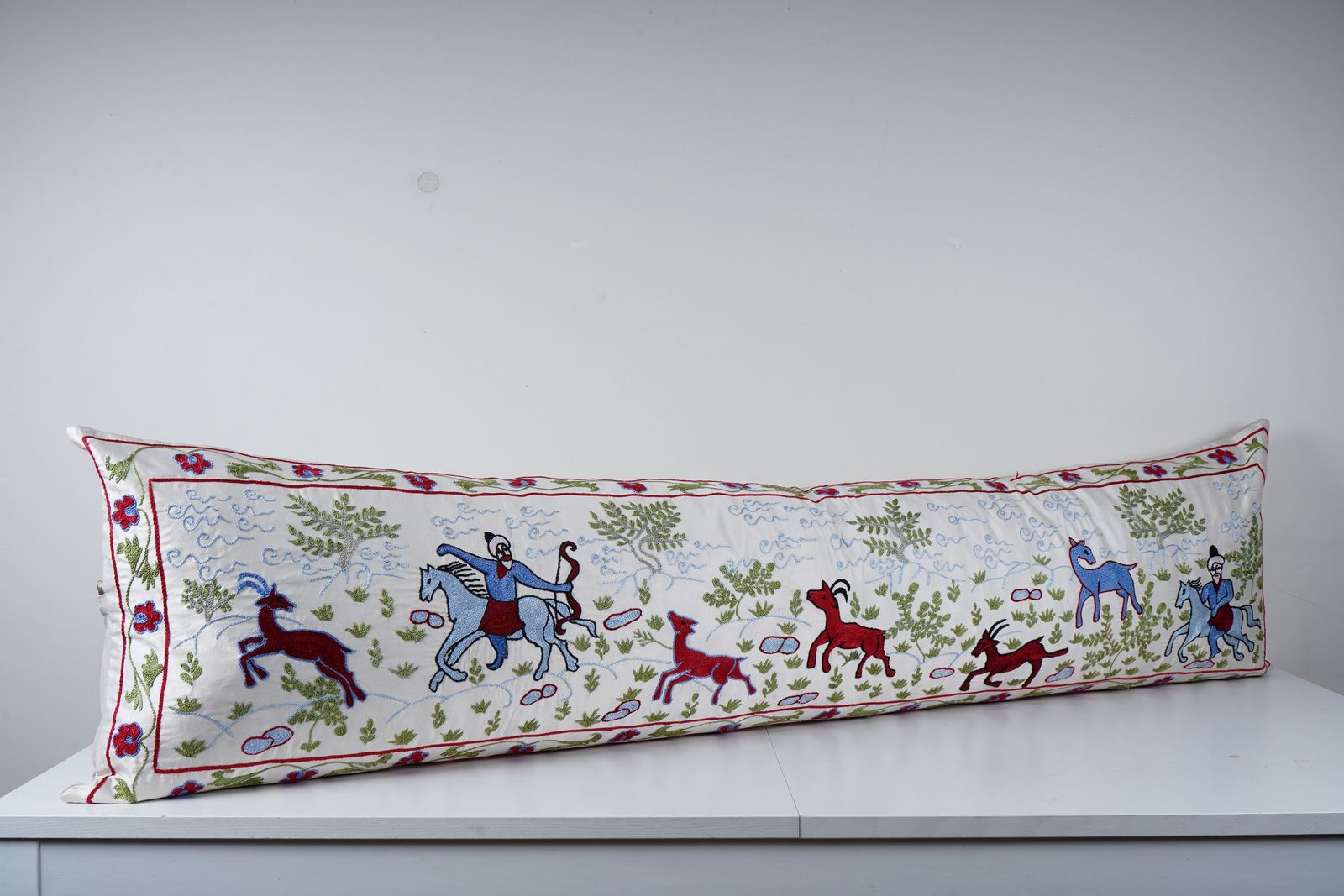Tashkent Suzani Pillow Case  Long Cushion Cover Horse Motif Vintage 19th Century Embroidered Bedding photo Textiles