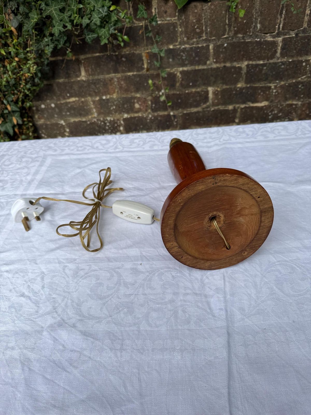 photo for sale Elegant Mid Century Modern Wooden Table Lamp – Teak Tone, Tapered Turned Base, Uk Wired, Classic Retro Style