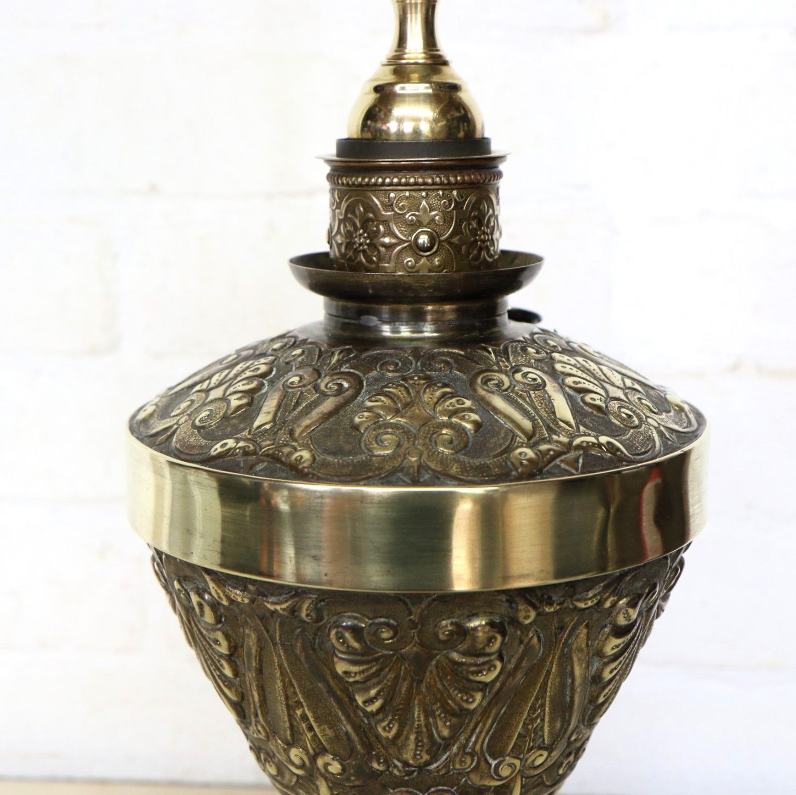 Table Lamp Ornate Victorian Brass Oil Lamp Conversion  Chased Decorations Large photo vinterior