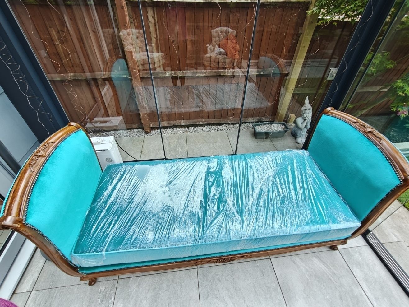 Rose Wood Recliner Sofa With New Turquoise Upholstery, New Mattress Included. photo for sale