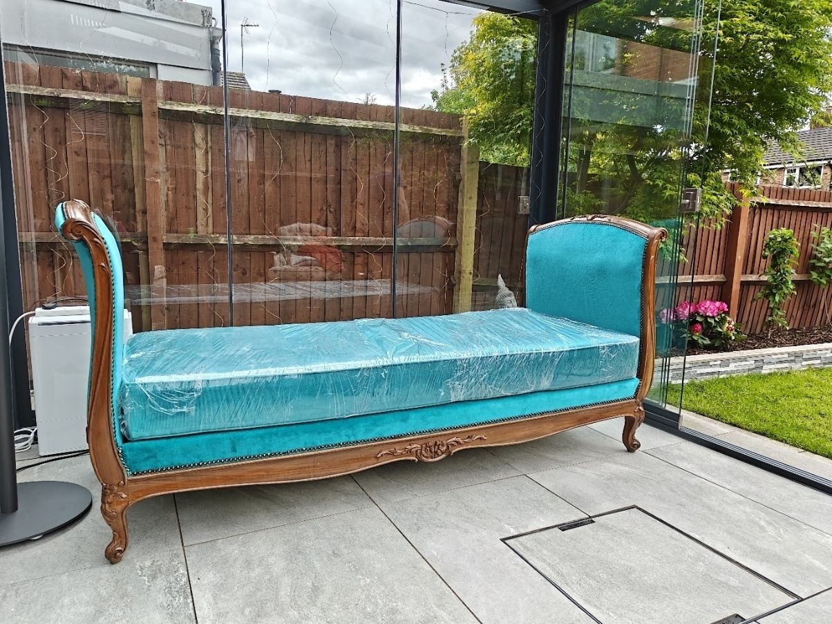 photo furniture Rose Wood Recliner Sofa With New Turquoise Upholstery, New Mattress Included.