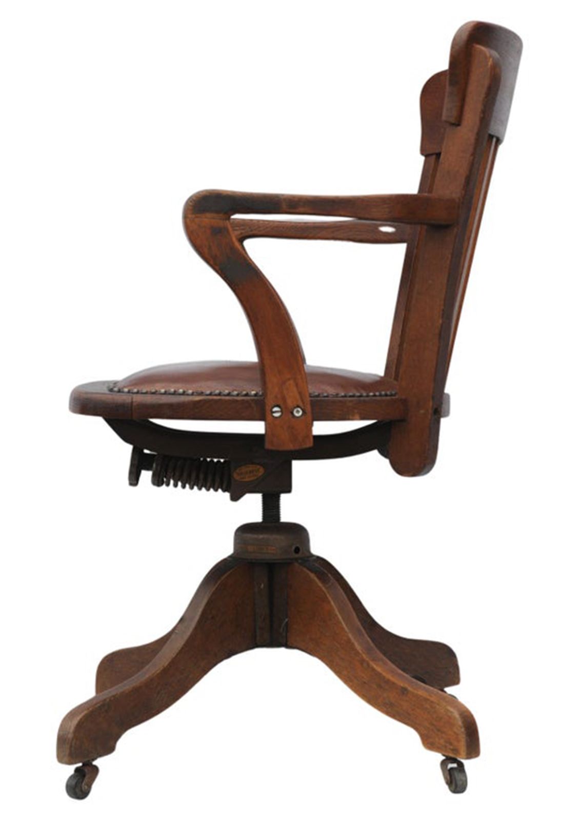 Early 20th Century Hillcrest Oak Rail Revolving Desk Chair With Polished Brown Leather Seat Finished With Brass Studs photo furniture