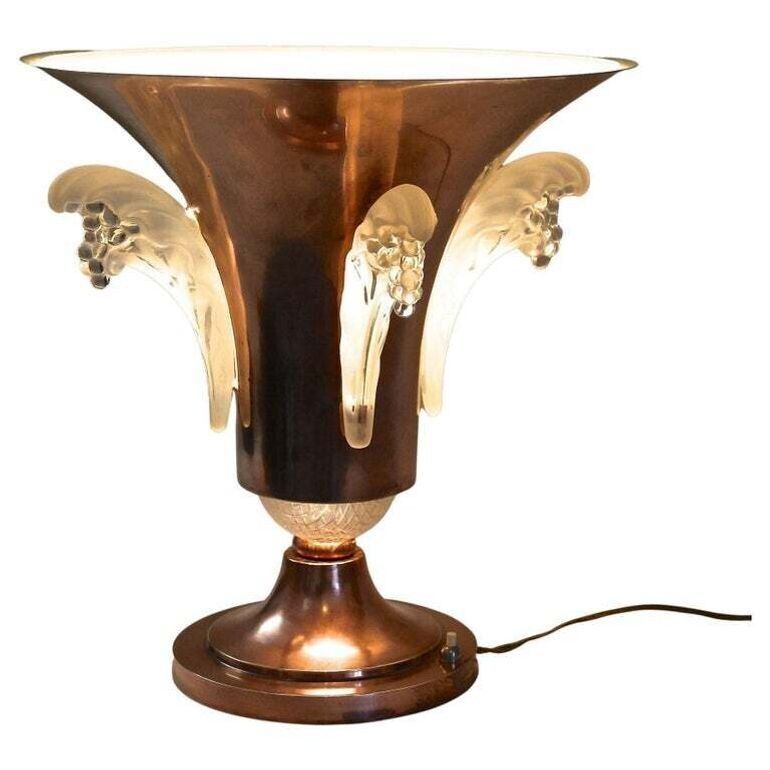20th Century Art Deco Copper Table Lamp With Lalique Glass, France Ca 1920 photo for sale
