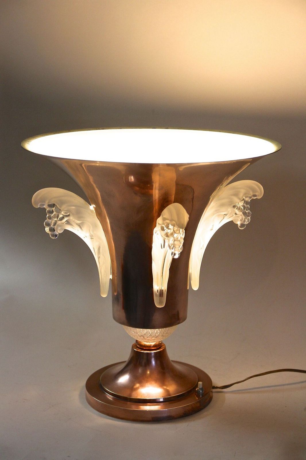photo furniture 20th Century Art Deco Copper Table Lamp With Lalique Glass, France Ca 1920
