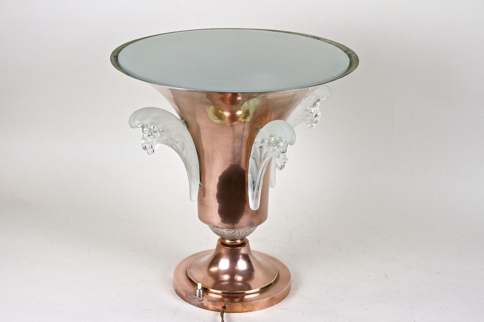 Lighting 20th Century Art Deco Copper Table Lamp With Lalique Glass, France Ca 1920 photo
