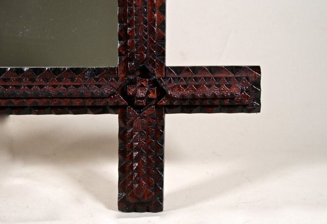 19th Century Rustic Tramp Art Wall Mirror Hand Carved, Austria, Circa 1870 photo vinterior
