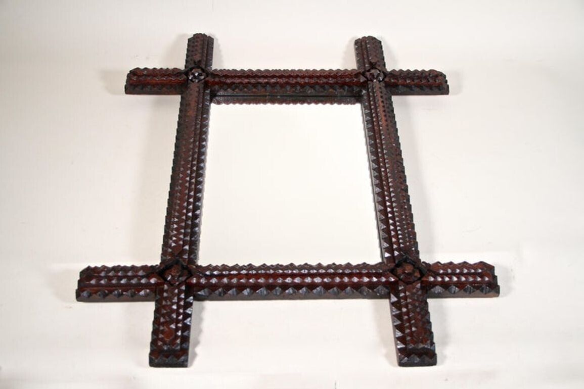 photo furniture 19th Century Rustic Tramp Art Wall Mirror Hand Carved, Austria, Circa 1870