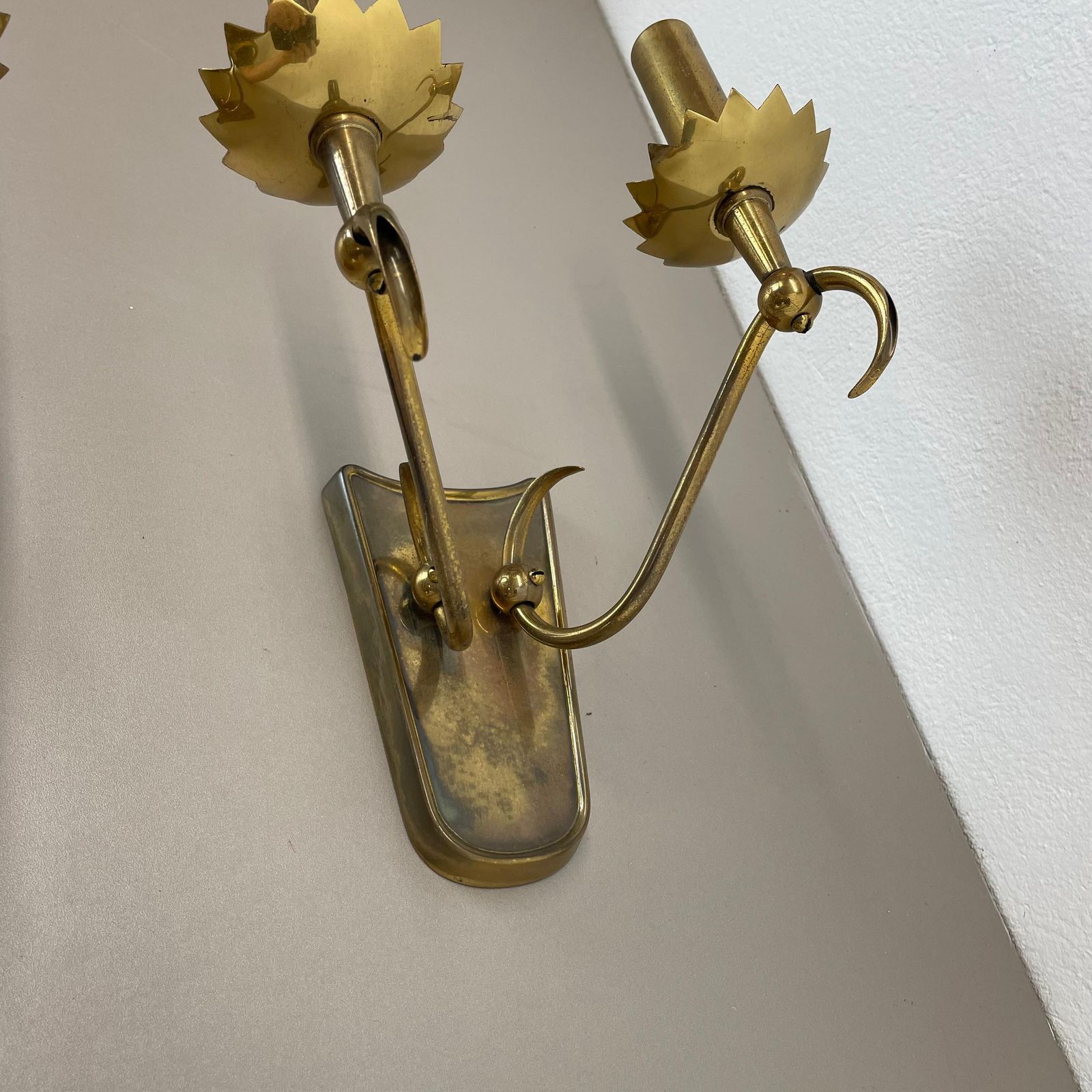 Lighting Unique Set Of 2 Brass Gio Ponti Style Theatre Wall Light Sconces, Italy, 1950s photo