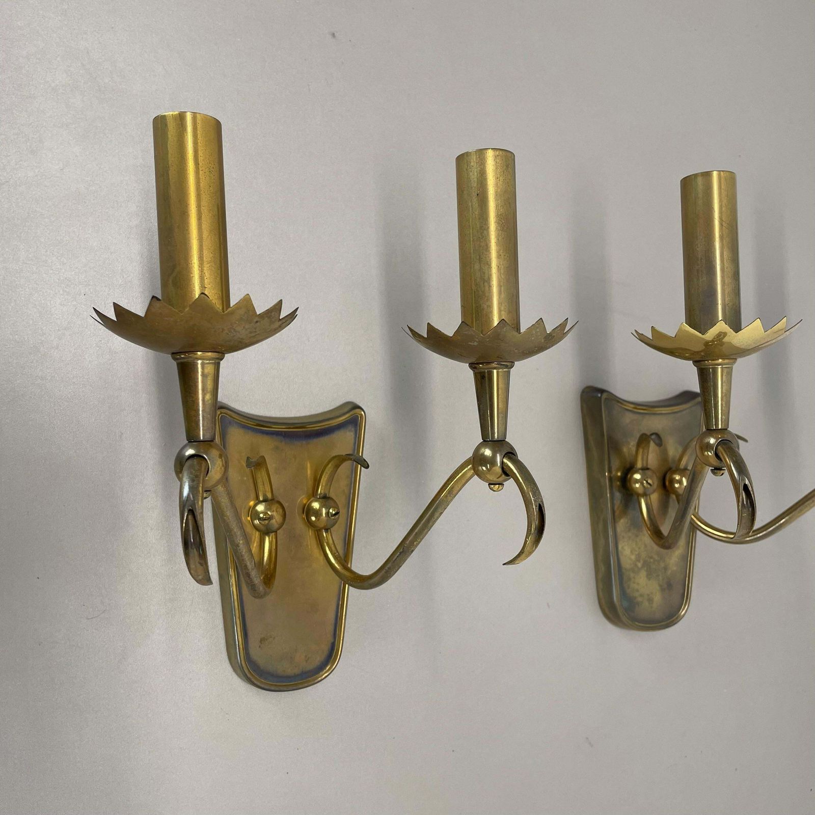 photo buy Unique Set Of 2 Brass Gio Ponti Style Theatre Wall Light Sconces, Italy, 1950s
