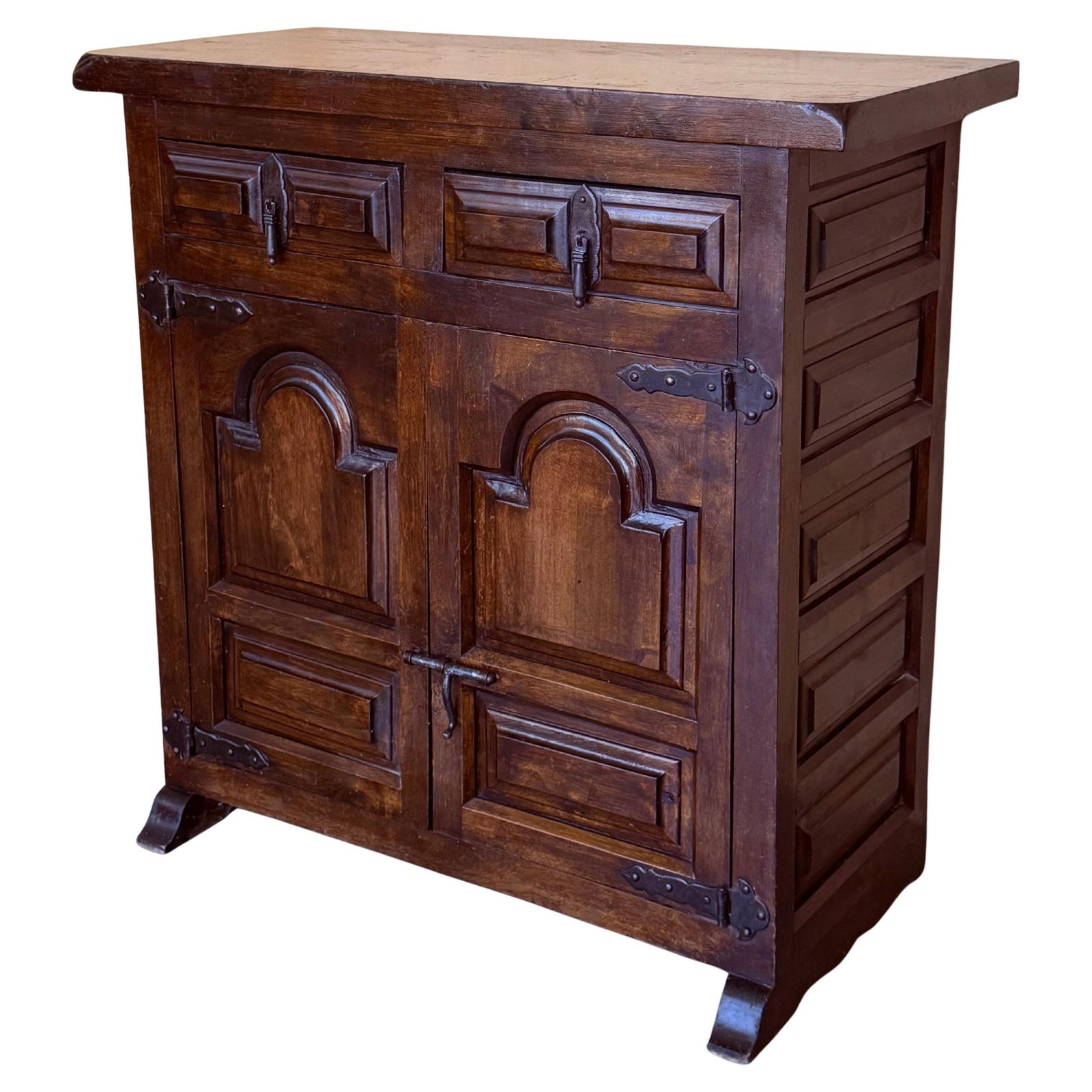 19th Spanish Baroque Carved Walnut Narrow Two Drawer Credenza Or Buffet