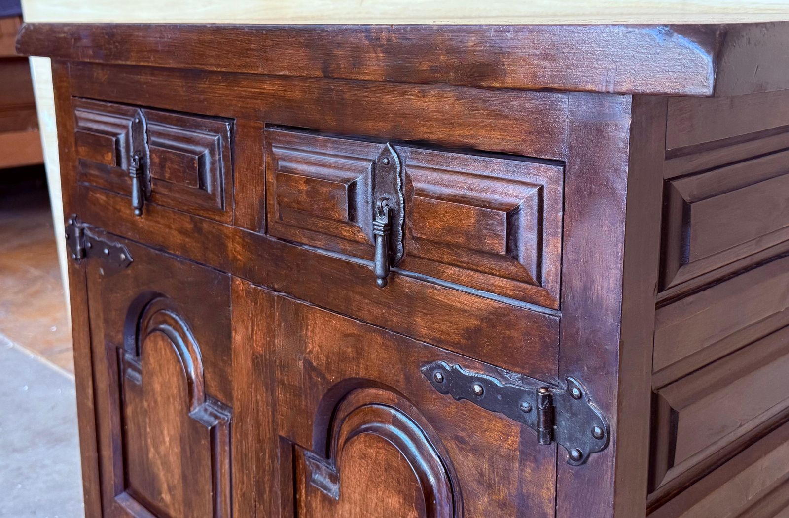 photo furniture 19th Spanish Baroque Carved Walnut Narrow Two Drawer Credenza Or Buffet
