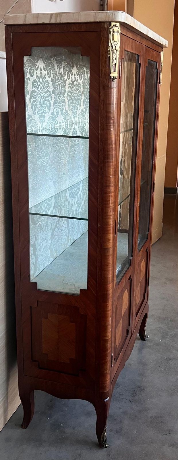 photo for sale Louis XVI Style Showcase Vitrine In Walnut With Geometrical Marquetry