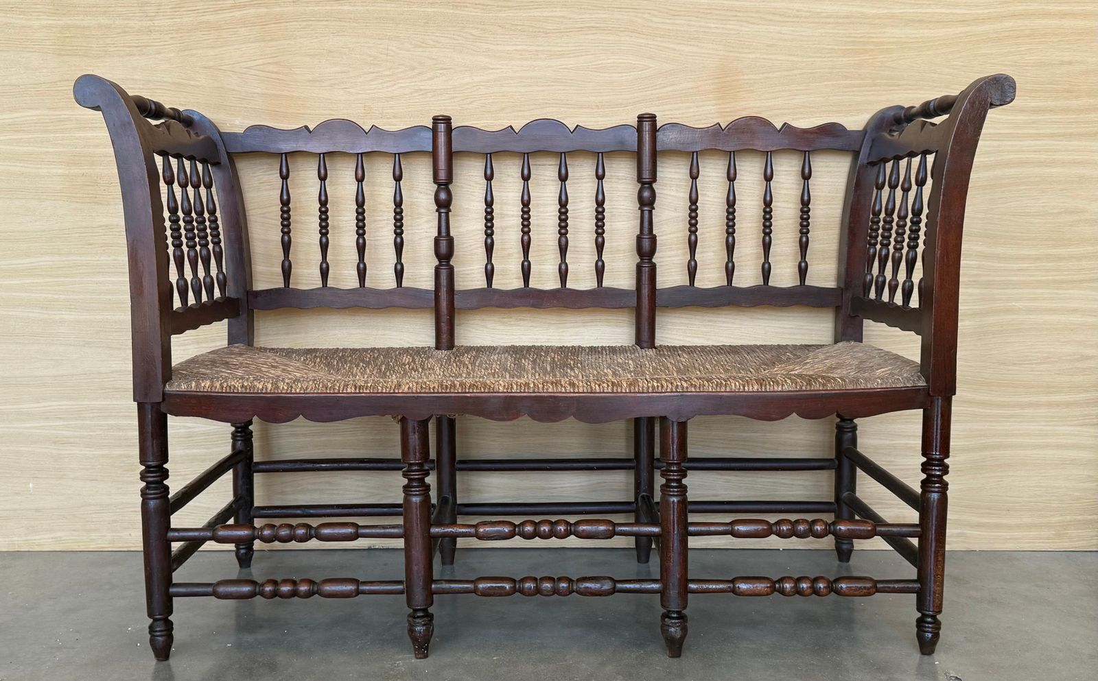 20th Century Catalan Bench In Solid Walnut With Caned Seat, Three Seats photo furniture