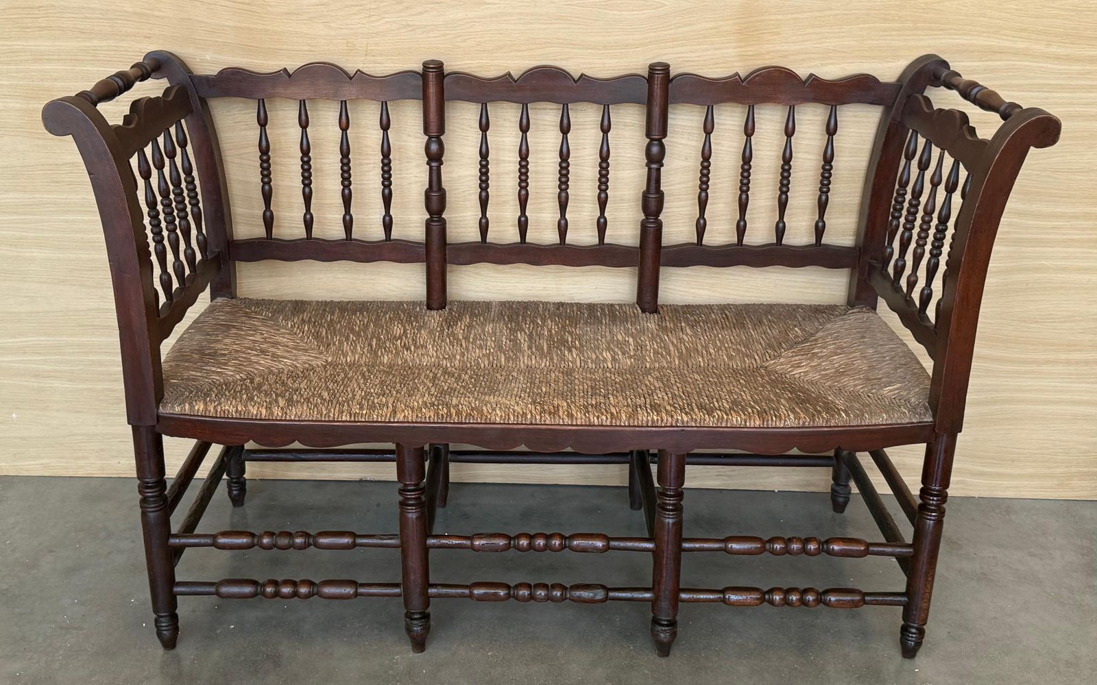20th Century Catalan Bench In Solid Walnut With Caned Seat, Three Seats photo Furniture
