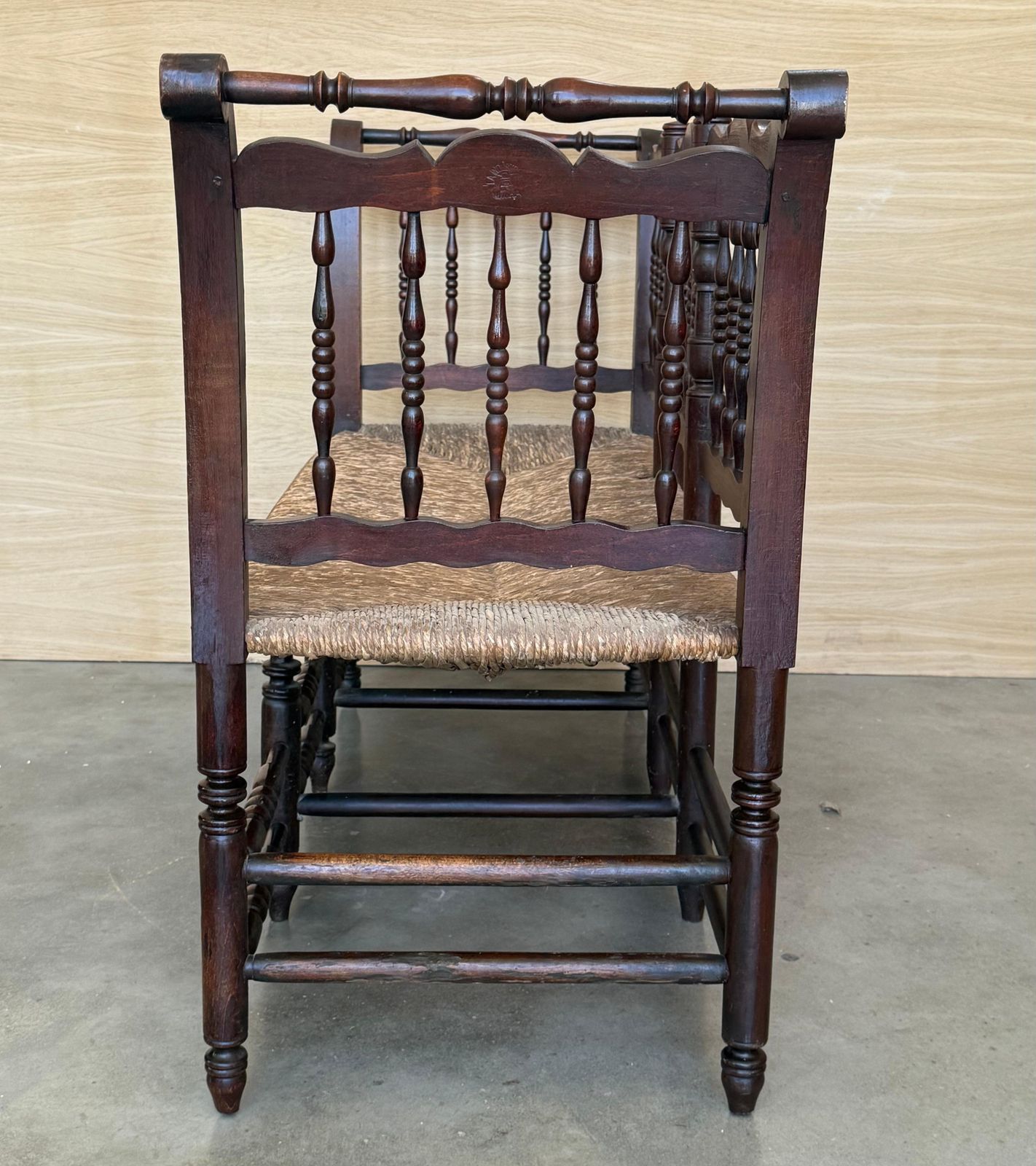 20th Century Catalan Bench In Solid Walnut With Caned Seat, Three Seats photo buy