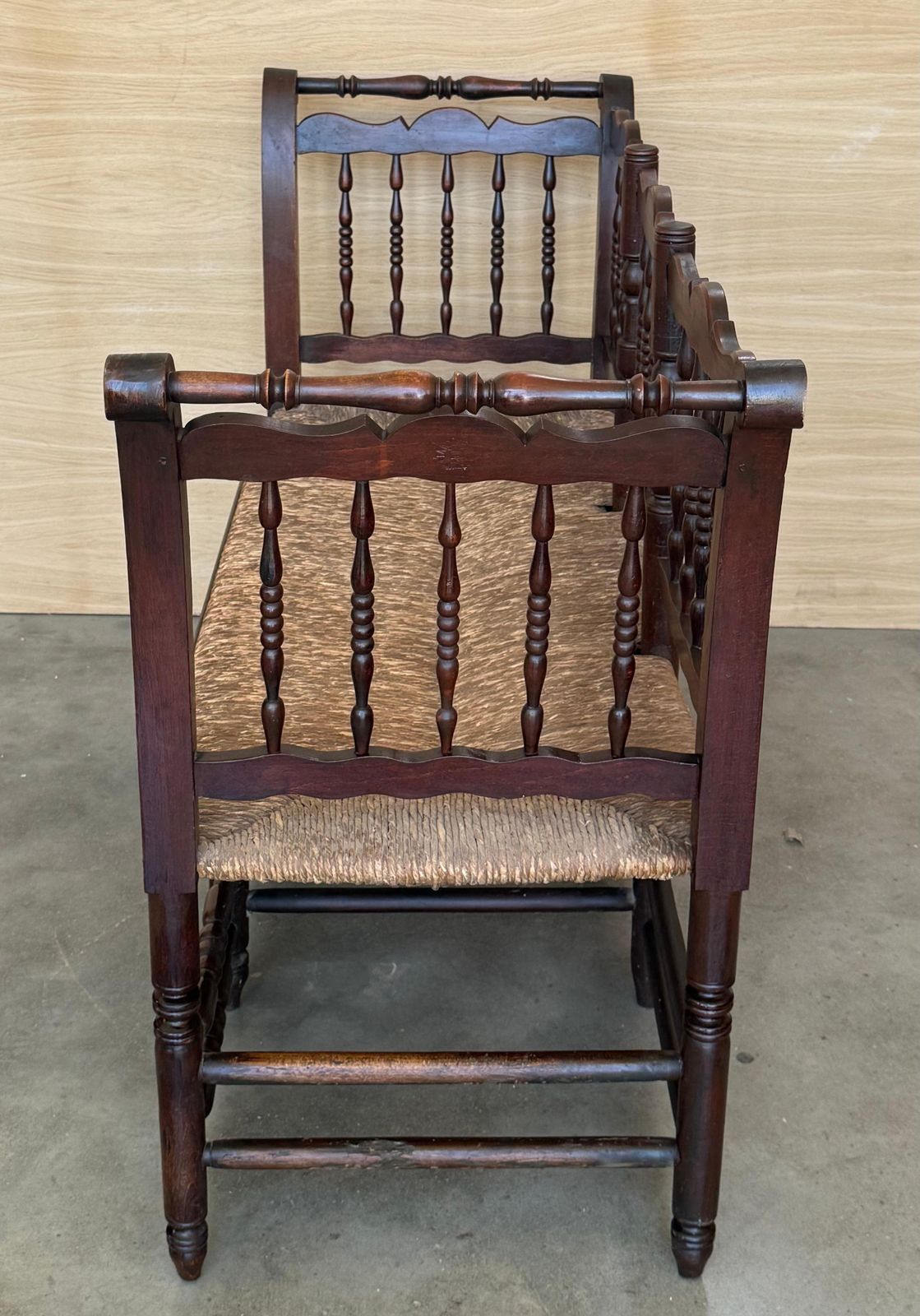 20th Century Catalan Bench In Solid Walnut With Caned Seat, Three Seats photo vintage