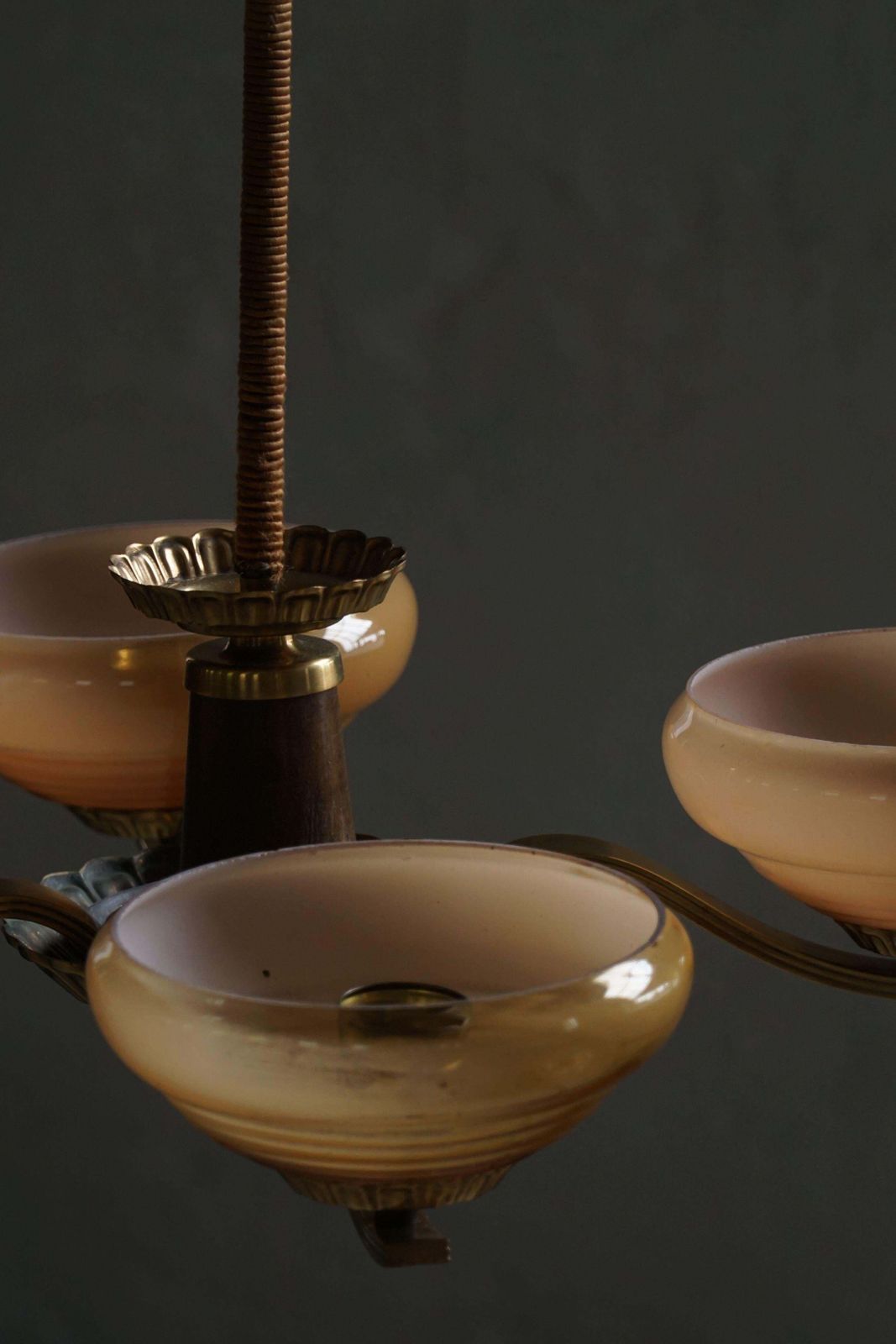 Art Deco 4 Arm Chandelier In Glass & Brass, Sweden, 1940s photo vinterior