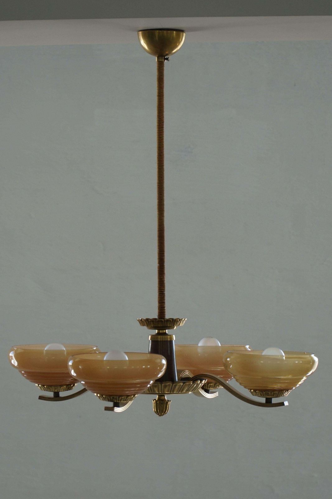 photo vinterior Art Deco 4 Arm Chandelier In Glass & Brass, Sweden, 1940s