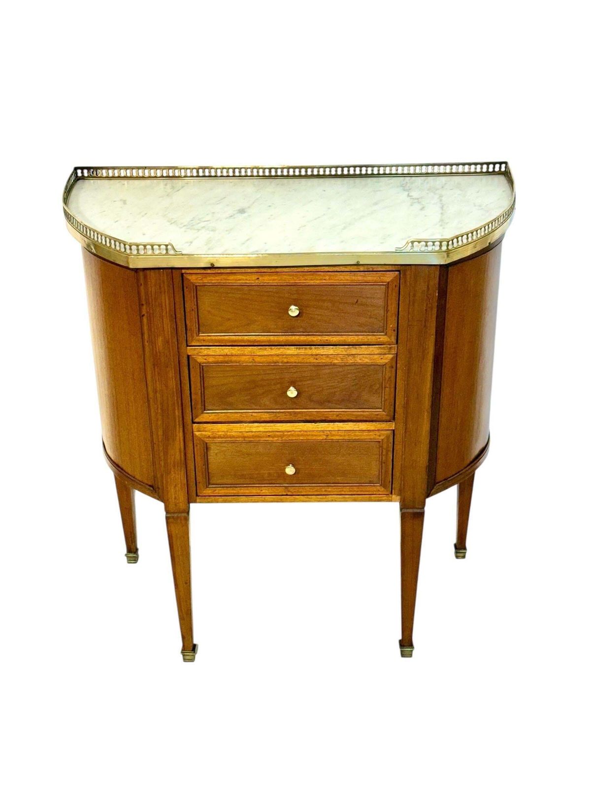 Petite French Walnut Demilune Commode, Marble Top, Late 19th Century photo for sale