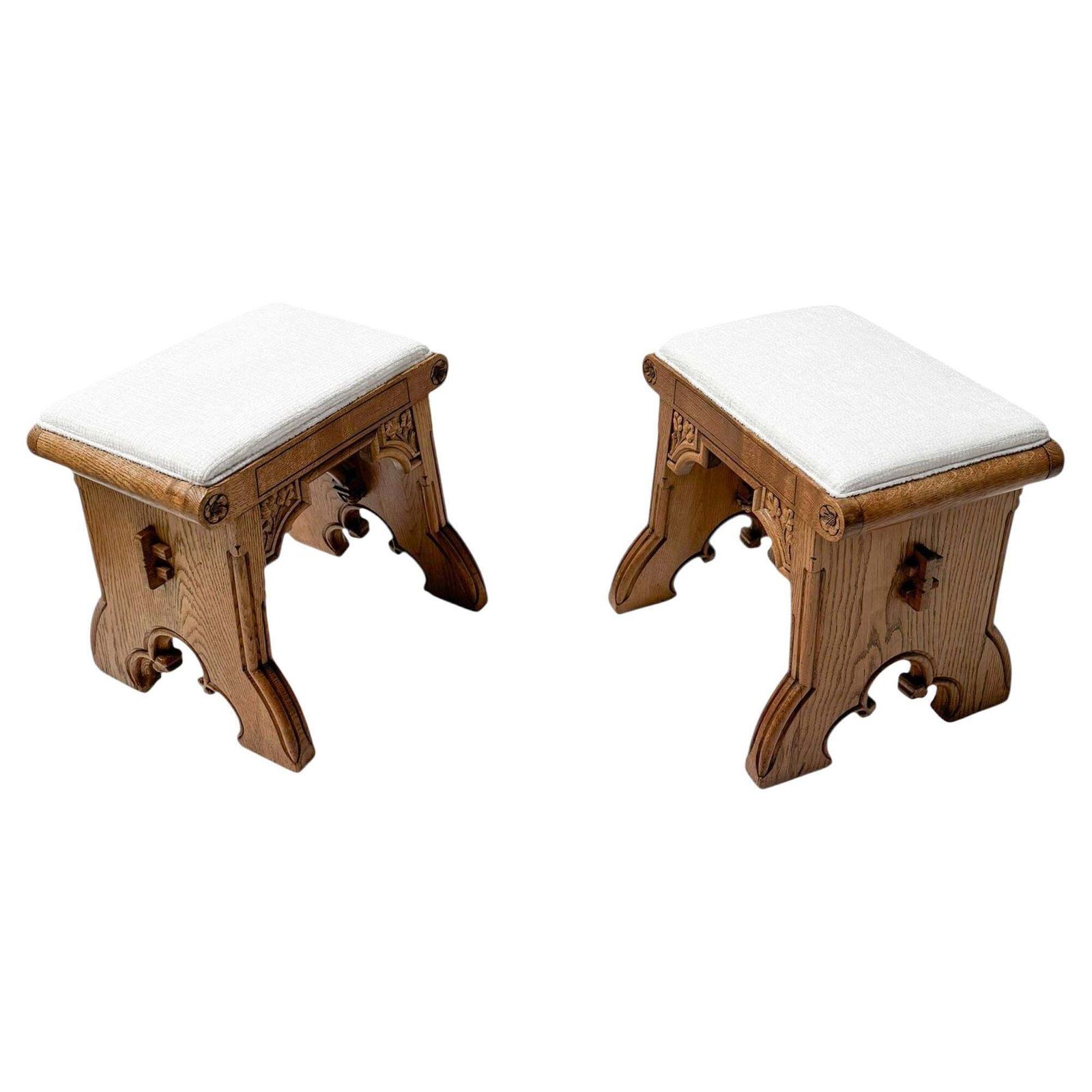 Arts & Crafts Hand Carved Oak Stools With Boucle Upholstery, 1900s