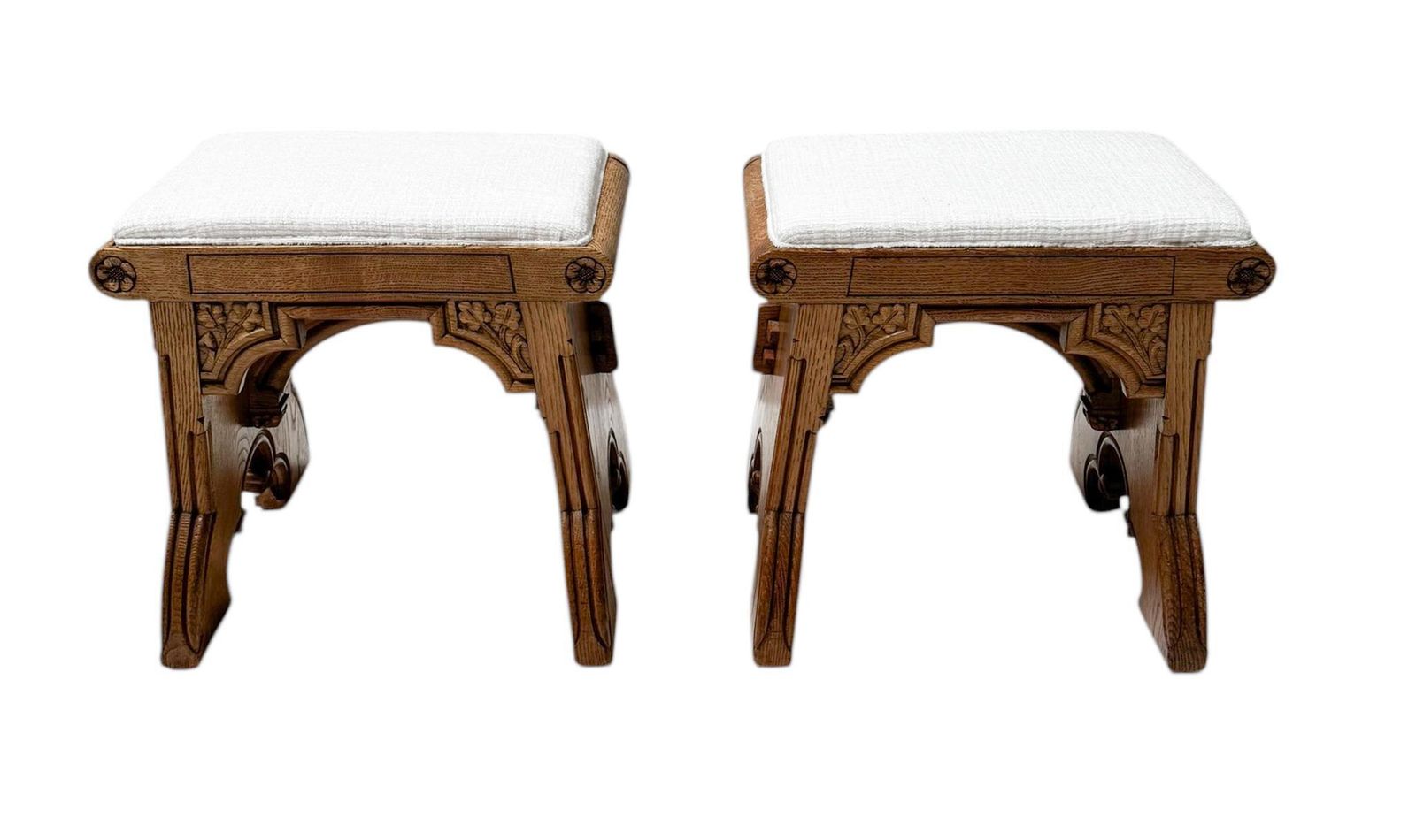 Arts & Crafts Hand Carved Oak Stools With Boucle Upholstery, 1900s photo for sale