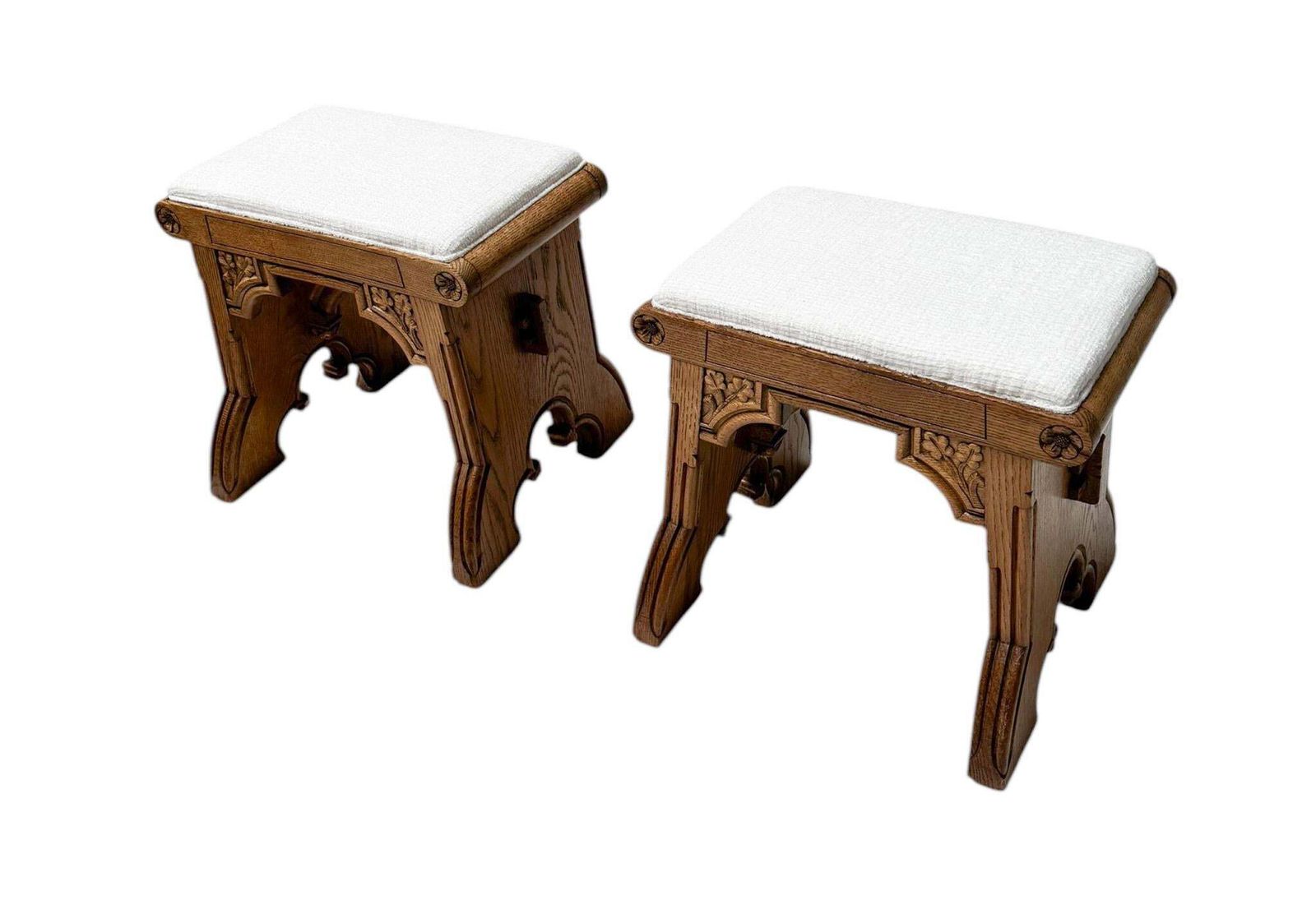 Arts & Crafts Hand Carved Oak Stools With Boucle Upholstery, 1900s photo Furniture