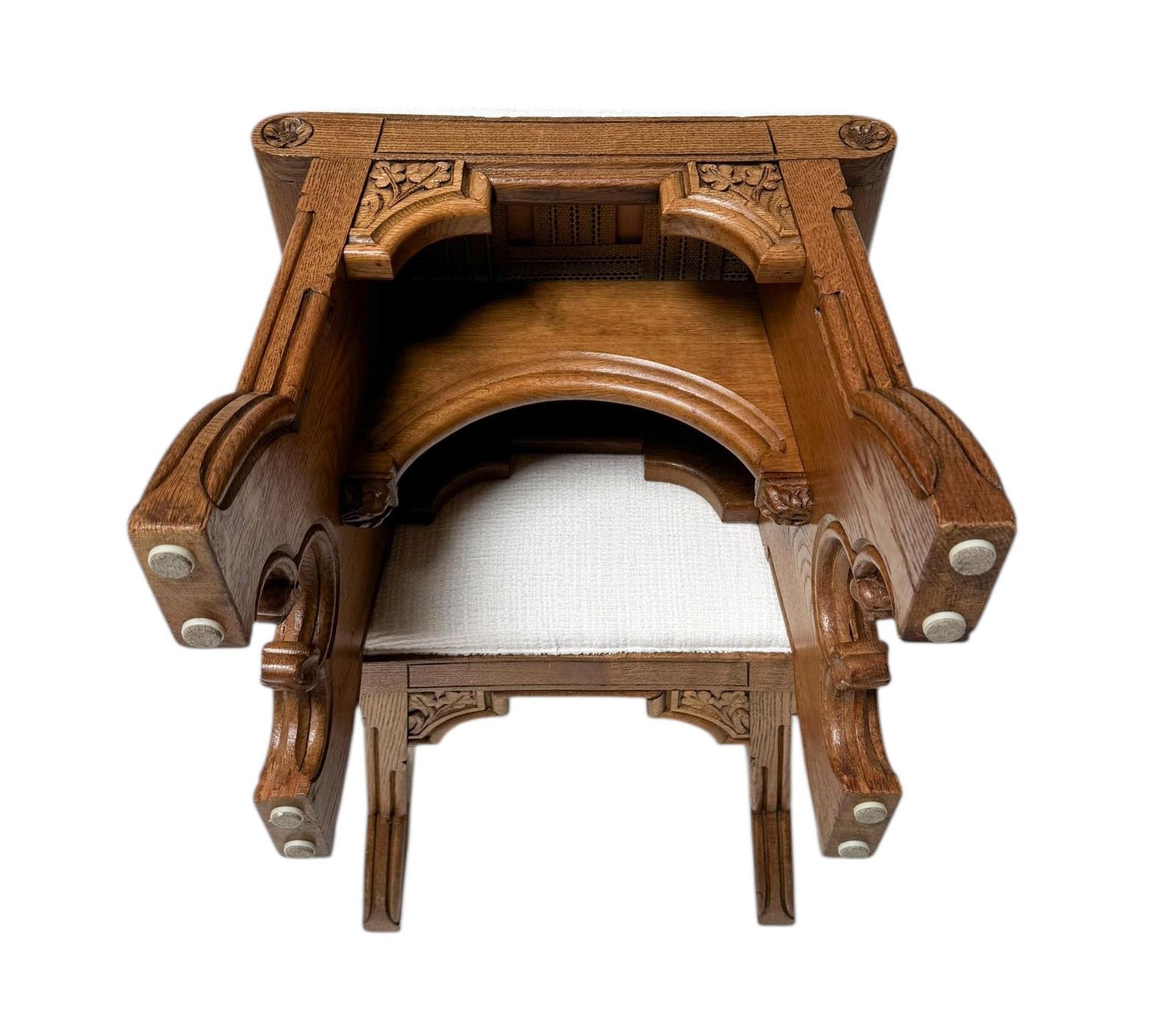 photo for sale Arts & Crafts Hand Carved Oak Stools With Boucle Upholstery, 1900s