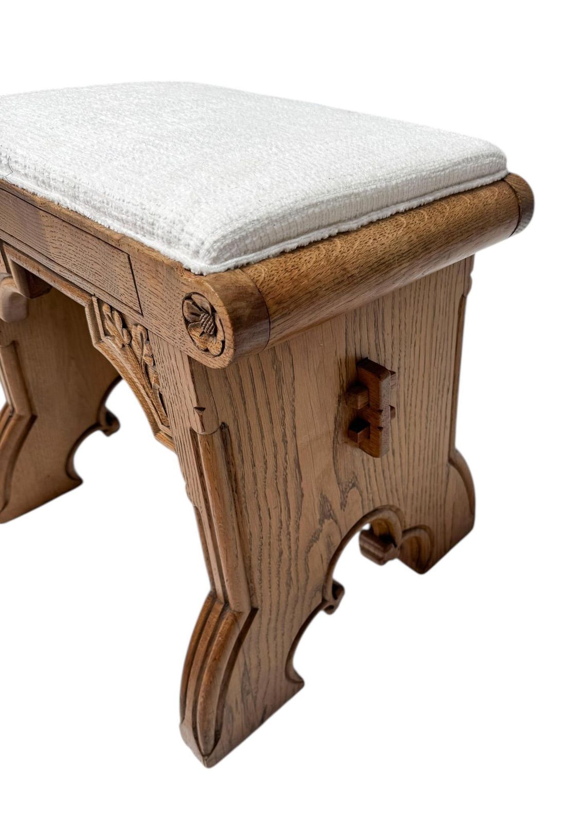 1521.0 Arts & Crafts Hand Carved Oak Stools With Boucle Upholstery, 1900s photo