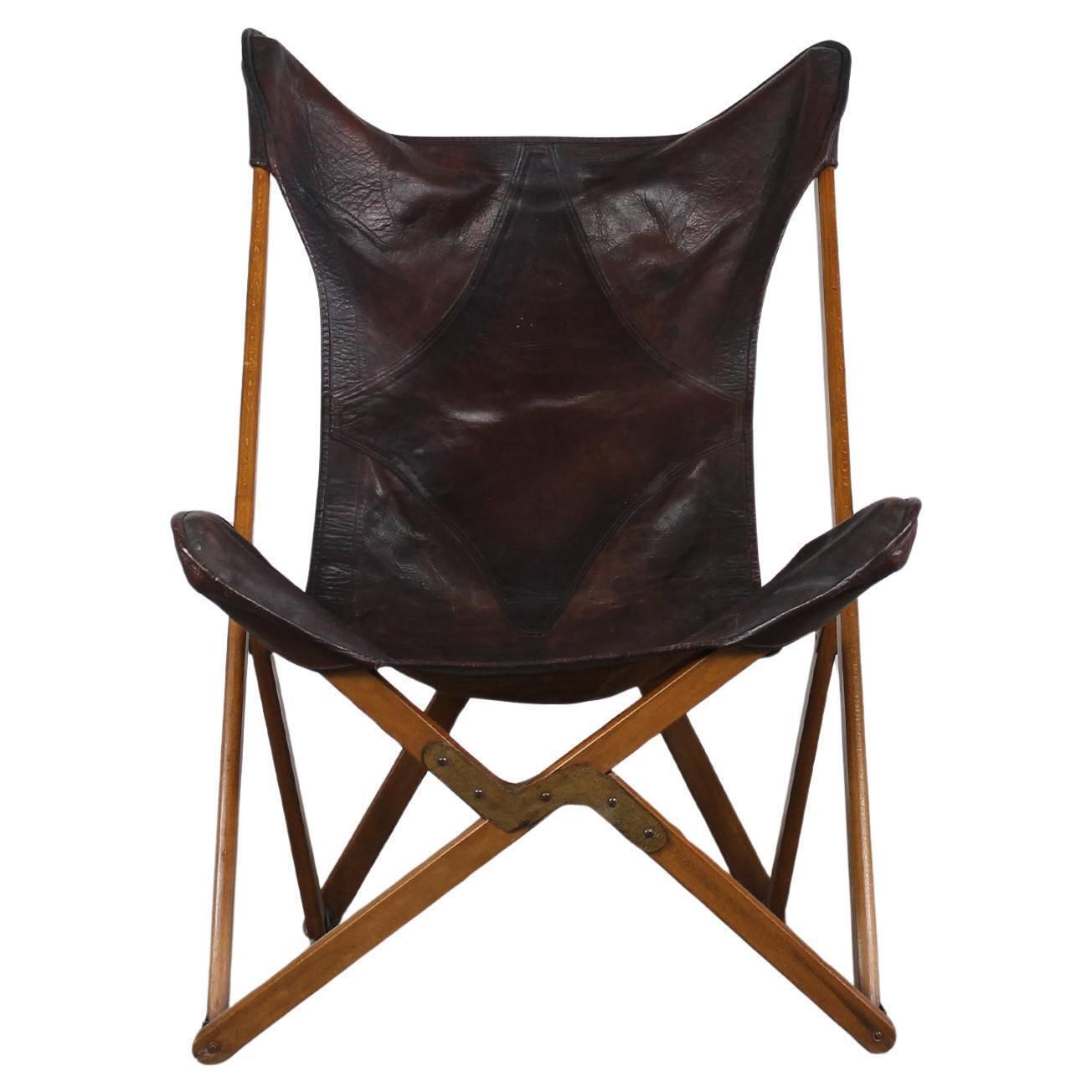 Tripolina Folding Chair In Wood And Leather By Paolo Vigano 1930s