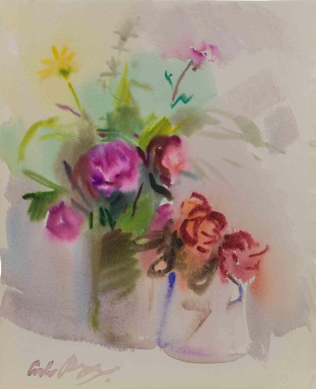 Carlo Ravagnanstill Life With Vases Of Flowers   Drawing By Carlo Ravagnan   19721972
