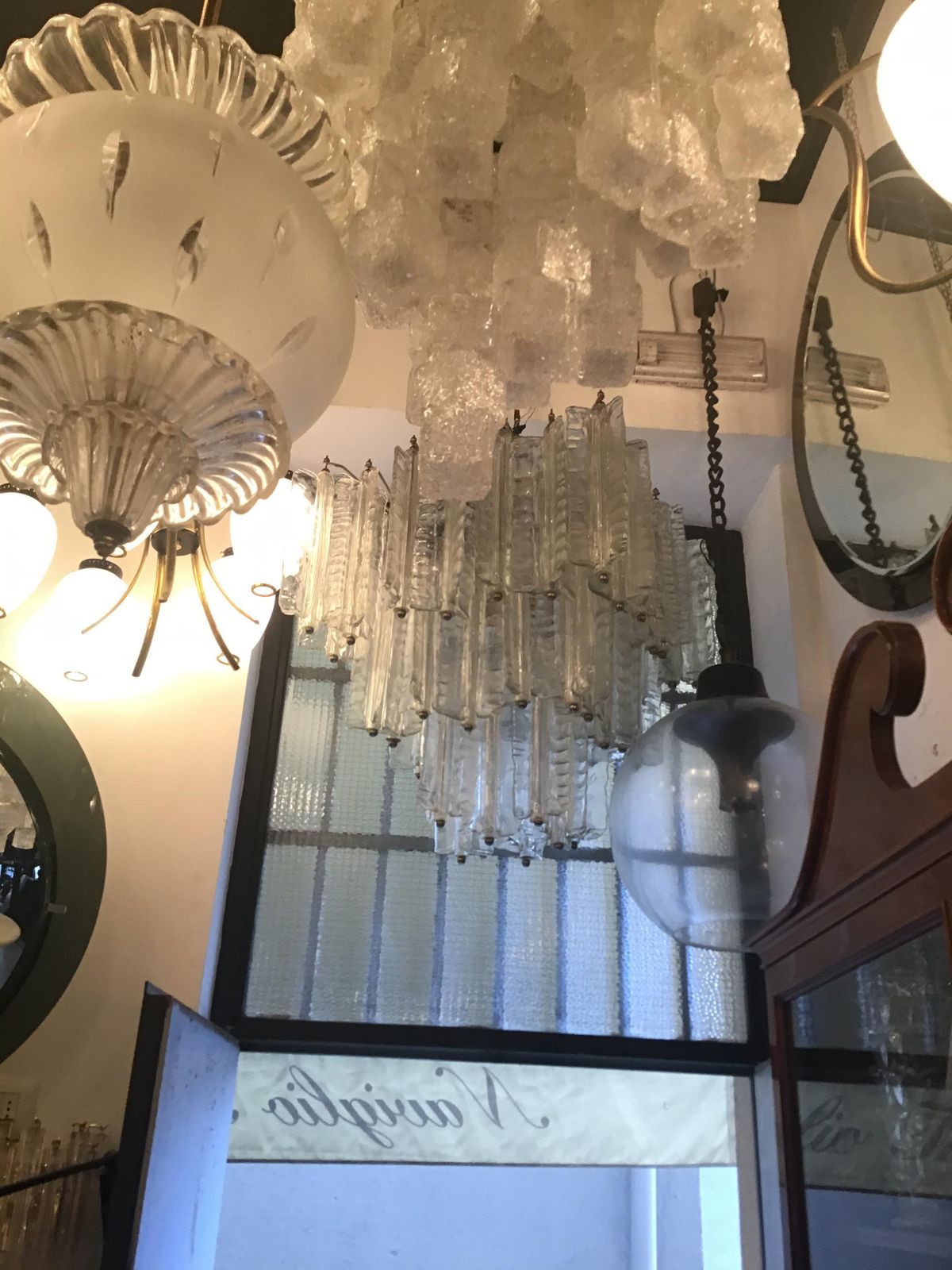 photo vinterior Venini Mazzega. Lampadario Murano Glass Metal Crome 1955 Italy