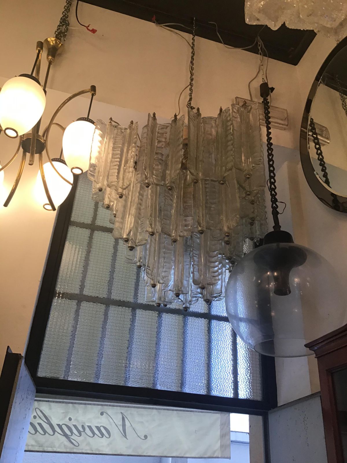 photo vintage Venini Mazzega. Lampadario Murano Glass Metal Crome 1955 Italy