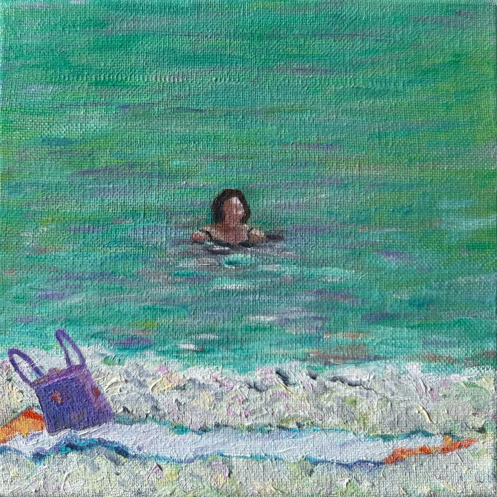 Bernadette Van Baarsen Turquoise And Violet Provençal Beach Scene.  'The Shopping Bag'. Oil On Canvas.2025