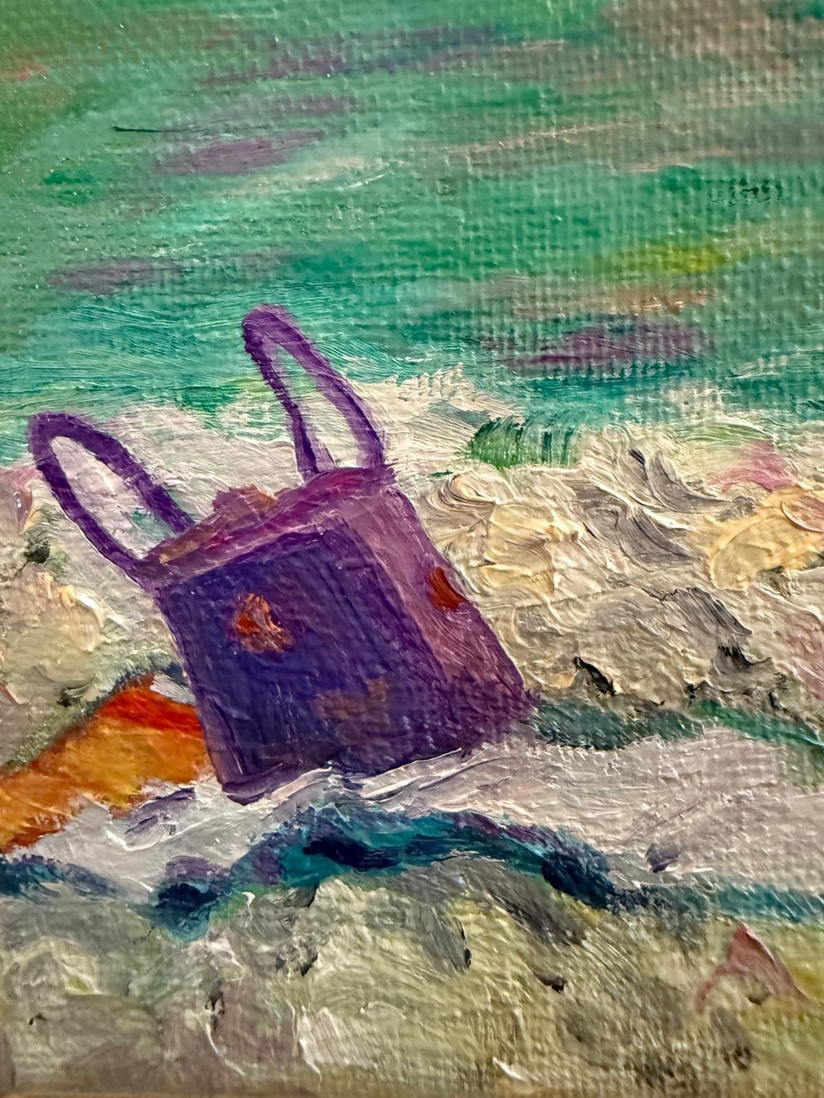 Bernadette Van Baarsen Turquoise And Violet Provençal Beach Scene.  'The Shopping Bag'. Oil On Canvas.2025 photo for sale