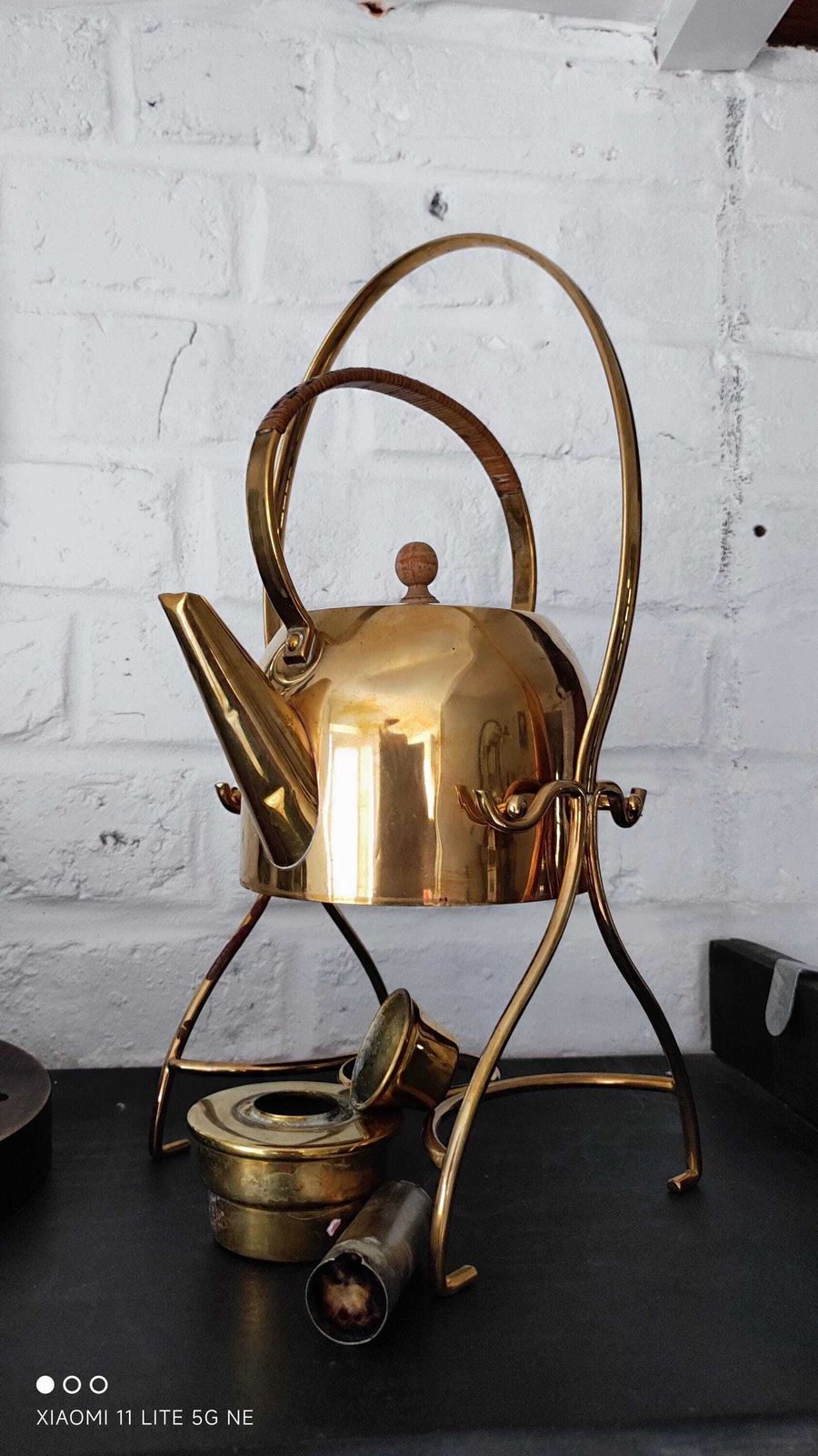 Art Nouveau Copper Tea Kettle French Antique Brass & Copper Tilting Teapot Stand With Burner photo furniture
